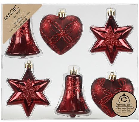 Inge-glas Christbaumschmuck Formen Mix 9cm Kunststoff 6er Set - bruchsicher & mit Glitzer - Christbaumkugeln für Weihnachtsbaum - Weihnachtskugeln & Weihnachtsbaumschmuck Rot - Morello Cherry