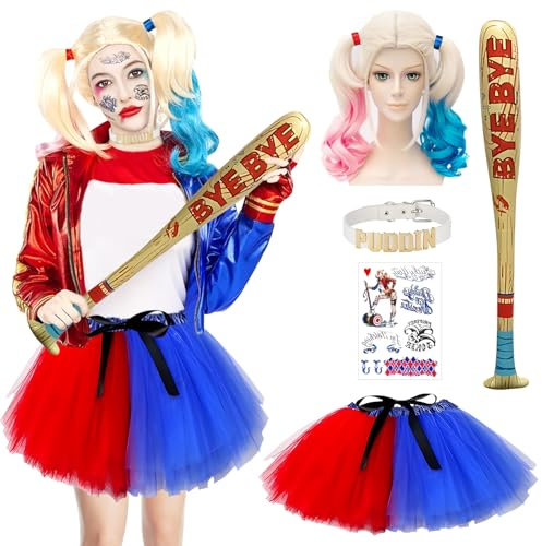 Ourdort Déguisement Halloween Adulte,Halloween Cosplay Joker Costume,Jupe en Tulle avec Collier,Perruques,Batte de Baseball Gonflable,Tatouage,pour Cosplay de Carnaval d'Halloween