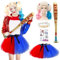 Ourdort Déguisement Halloween Adulte,Halloween Cosplay Joker Costume,Jupe en Tulle avec Collier,Perruques,Batte de Baseball Gonflable,Tatouage,pour Cosplay de Carnaval d'Halloween