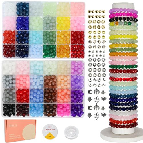 1200Pcs Glass Beads Bracelet Making Kit, 48 Colors 8MM Crystal Round Glass Beads Jewelry Making kit. Bracelet, Necklace, Earrings and Phone Lanyard DIY Craft Set, Gift for Girls