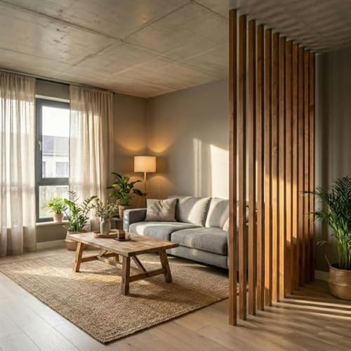 SUNWOOD Set 6 Listelli Legno Termotrattato 45x60mm x 300cm, Divisorio Autoportante Senza Fori, Parete Decorativa a Pressione per Interno ed Esterno, Legno Artigianale Thermo-Wood