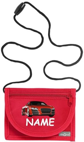 Kiwistar - Brustbeutel rot - Sportwagen - 13 x 10 cm Geldbeutel zum umhängen - Geldbörse für Jungen & Mädchen mit Namen individuell personalisiert