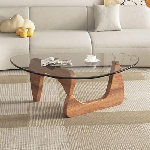 WanLimneo Dreieckiger Couchtisch aus Glas mit Massivholzsockel, Niedriger, Minimalistischer Teetisch für Zuhause und Büro, 83 * 57 * 40 cm