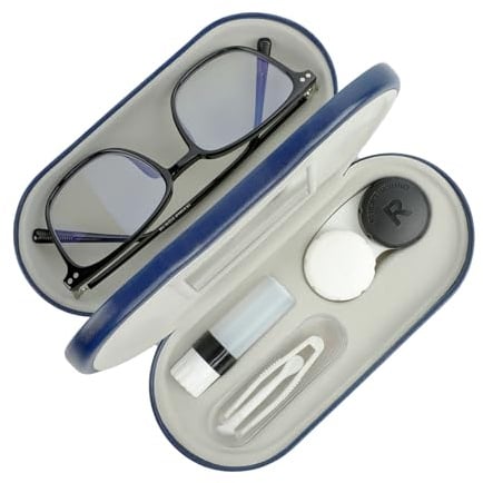 Zettokete 2 in 1 Contact Lens Case and Glasses Case,Double Sided Dual Use Design with Mirror, Tweezer and Contact Lens Solution Bottle,Portable Soak Storage Kit for Travel,Office, Blue, 6.3 x 2.76 x