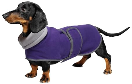 Geyecete -Gemütlich Polarfleece Winter hundemantel fur Dackel,Miniatur Dackel Fleece hundepullover,Hoher Kragen warmes Hundeveste mit Geschirr öffnung,Einstellbar kleine Hundejacke-Lila-XS