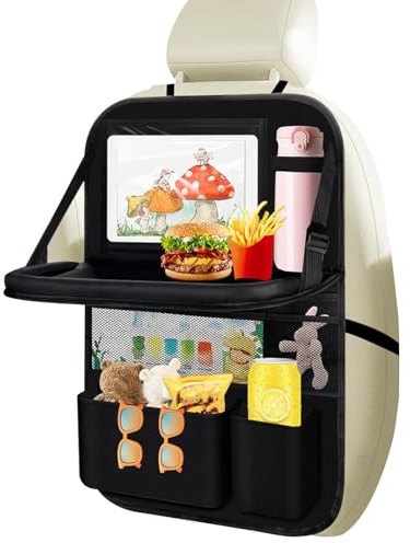 Car Seat Organiser for Kids Multifunctional Waterproof Car Seat Back Protectors Kick Mats with Foldable Tray and Many Pockets 61x42cm Large Storage Bag Travel Accessories for Books, Toys, Snacks