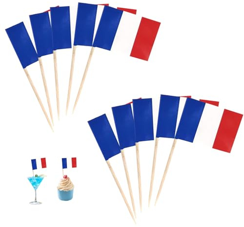 100 Stück Frankreich Zahnstocher Flaggen,Frankreich Deko,Französische Deko Fahne Klein Mini Zahnstocher,Cupcake Topper Zahnstocher mit Fähnchen,Cocktail Stick für Party Pub Buffet Obst Cake Dekoration