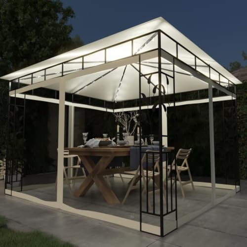 QJBSAVVA Gartenpavillon 3x3x2,73 m cremeweiß mit Moskitonetz, Solar LED Lichterkette und stabilen Stahlpfosten, robuster Shelter für Grill und Camping