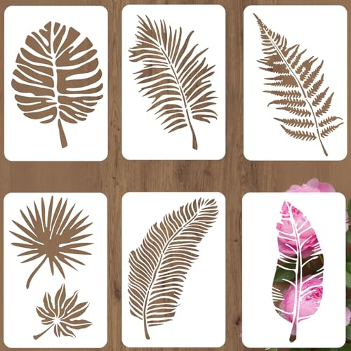 PRESSINART 6 Stück 6 Verschiedene Tropische Blatt Schablonen Große Blätter Vorlage 12 x 8 Zoll Botanisches Pflanzenmuster Wiederverwendbare PET Kunststoff Hohlzeichnen Schablonen Für Holz Wand Glas