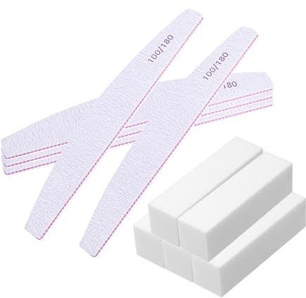 10 Pcs White Nail Buffer Block and Nail File Set, 100/180 Grit | Double-Sided Emery Boards, Nail File Sanding Blocks for Natural Nails, Acrylic Nails, False Tips, Home Care, and Salon Use