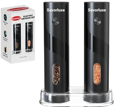 Savorluxe Electric Salt and Pepper Grinder Set 2 Pack, Top-Refill Battery Operated Pepper Mills with Storage Base, Adjustable Coarseness, 120ml per Grinder & White LED Light, Black