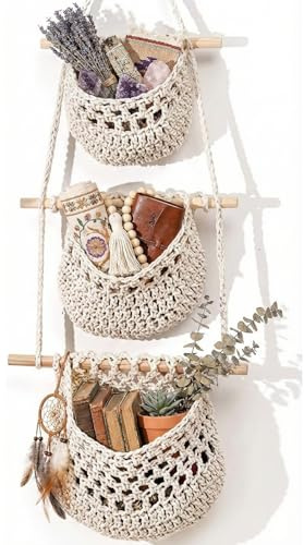 Hängekorb Wand Aufbewahrung, 3 Etagen obstkorb hängend (Weiß), eckregal hängend,Dekorative Blumenampel für Wand Tür, Große Wandkorb Aufbewahrung Deko Wohnzimmer Wandkorb Boho Küche Dekor Korb