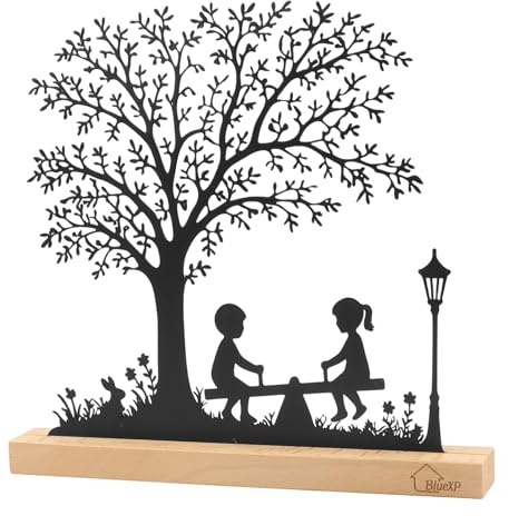 BlueXP Kinder Dekofigur Metall Schaukel Baum Laterne Holzsockel | Liebevolle Familiendekoration mit spielenden Kindern einer Schaukel unter einem Baum kombiniert mit Holzsockel ideal