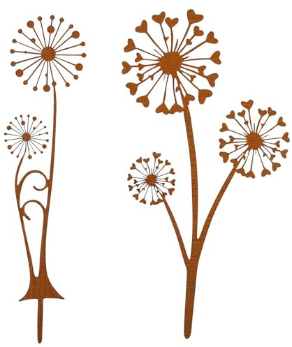 KERYBW 2 Stück Gartendeko Rost Pusteblume, Gartendeko für Draußen Wetterfest, Gartenstecker Metall Set für Deko Frühling Outdoor Vintage Garten Terrasse Balkon Blumentopf