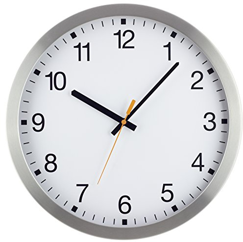 Eurotime Funkwanduhr, 35 cm, Aluminiumgehäuse, Echtglas, klares 12-Zahlen Zifferblatt, Wanduhr für Wohnbereich oder Büro, orangene Sekunde, wandanliegend, 57840-07
