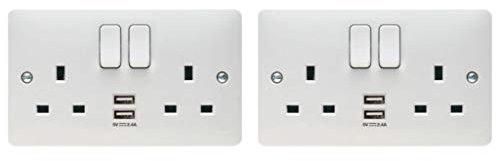Pack of 2 x Hager WMSS82USB 'Sollysta' Switch Sockets Outlet 13 Amp with 2 x USB Sockets