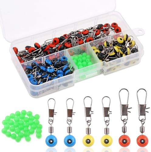 Keadic 200 Stück 3 – Farbe Angeln Barrel Wirbel, Angelnwirbel mit Karabiner, Laufwirbel für Posen, Verbinder Wirbel und Grüne Leuchtende Perlen zum Angeln Zubehör Kit Einfach zu Verwenden