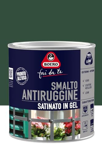 Boero Fai da Te, Smalto Antiruggine Satinato in Gel ad Alta Protezione Interno/Esterno, Pronto all’Uso, Non Cola, Per Ferro, Legno, Strutture Metalliche, Latta da 0,5L, Colore Verde Imperiale