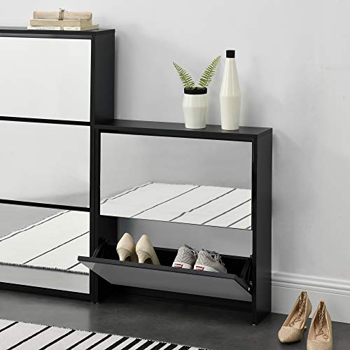 [en.casa] Étagère à Chaussures Design Meuble de Rangement 2 Compartiments Stockage pour 6 Paires Façade Miroir Panneaux de Particules Mélaminés 67 x 63 x 17 cm Noir