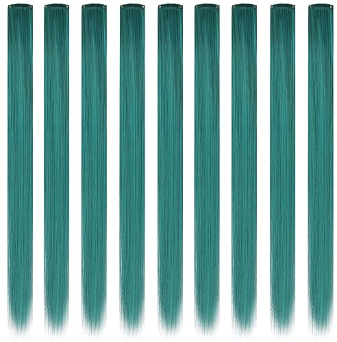 MQY COLOR 9PCS 21'' Blaugrün Haarschmuck Perückenteile Clip in Farbige Haarverlängerungen für Mädchen Party Highlights Synthetische Bunte Haarteile für Mädchen Damen (dunkles Türkis)