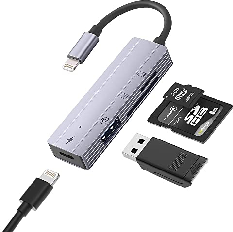 Lector de Tarjetas SD para iPhone, TargetGo 4IN1 Adaptador de cámara USB para iPad, Adaptador de Tarjeta Micro SD/sdhc sdxc, Puerto de Carga para iPhone 14 13 12 11 XR x 8 7 Plus iPad...