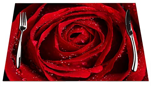 Tischsets mit roten Rosen, 4 Stück, rote Rose, Wassertropfen, hitzebeständig, für Esstisch, rutschfest, 45,7 x 30,5 cm