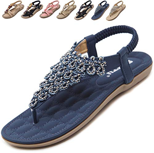 Acfoda Sandales Femme Été Confortable Plats Nu Pieds Cuir Tong de Plage Mode Claquettes Bout Ouvert avec Strass Talla Bleu 39 = FabricantTaille 40
