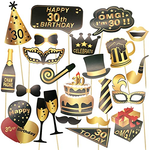 Ouceanwin Photo Booth Props Compleanno 30 Anni Uomo Donna, Nero Oro Gadget 30 Anni Compleanno Foto Props Accessori Kit Fotografica Puntelli Decorazioni Fai da Te per Festa Celebrazione