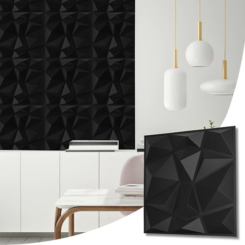 NOVECRAFTO Geometric Decorative PVC 3D - Diamond Design 18 Sheets Set Covering 4.5 sqm (48.44 sqft) - Each Tile Size 50x50 cm (19.6x19.6 in) Wall Panel in Black with Diamond Geometric Effect Pattern