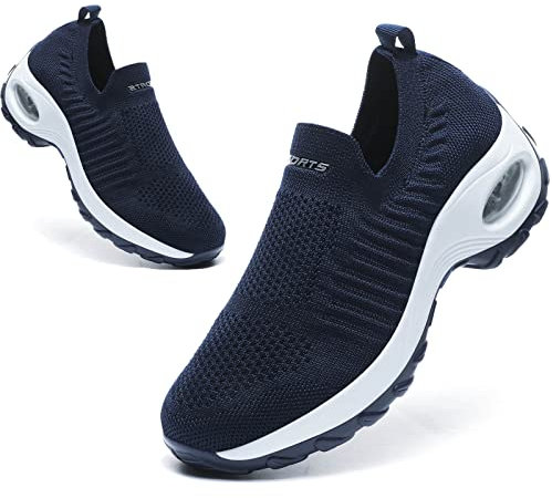 Zapatos de Caminar para Mujer, Zapatos de Malla Transpirable, Ligeros, para Correr, Entrenamiento, con Parte Inferior Gruesa, Zapatos de cuña con amortiguación de Aire, Azul Oscuro., 39 EU