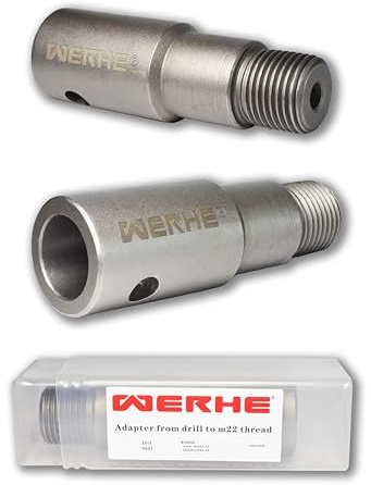 WERHE Adapter Erdbohrer auf M22, für Kernbohrer, Beton, Mauerwerk, 12 cm | legierter Stahl, Innenaufnahme 20 mm, inkl. Führungsbohrer und Sicherheitsbolzen, korrosionsbeständig, werkzeugloser Wechsel