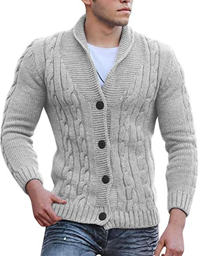 Cardigan da uomo lavorato a maglia maglione spesso con scollo a V Button Down in cotone maglieria slim fit cavo lavorato a maglia maglione in cotone con tasche maglieria capispalla, Grigio, S