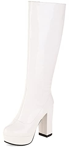 Joliss Donna Tacco A Blocco Stivali Alti Donna Punta Rotonda Stivali Alti Donna Plateau Zip Stivali Alti Bianco Numero 42 EU/44Cn