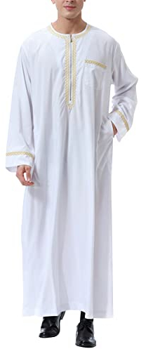 KRUIHAN Kaftan Herren Gebetskleidung für Männer Islamische Kleidung Herren Langarm Arabische Muslim Abaya mit Tasche für Ramadan Eid,Weiß,XL