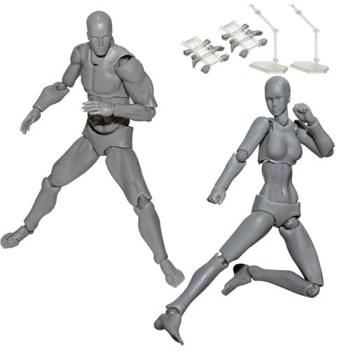 AXITWXIT Body Kun Puppe, Künstlerpuppe, Blockkopf, Gelenkzeichnung, Mannequin für Künstler, Zeichnen, Modellfiguren für männliche und weibliche Figur, Set (grau)