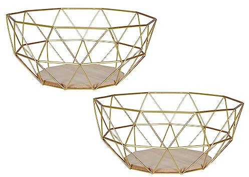 levandeo 2er Set Korb Metall Gold 26x12cm Obstkorb Modern Holz MDF Braun Schüssel Schale Deko Obstschale Tischdeko