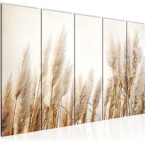 Runa Art Wandbild XXL Boho pampasgras Wohnzimmer Schlafzimmer 200 x 80 cm Beige 5 Teilig - Made in Germany - 044455a