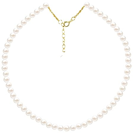 Kikuo Perlenkette Damen, Elegante Modeschmuck Weiße Perlenkette, Halskette mit runden Imitationsperlen, Kette Geschenke für Frauen Mutter Tochter Geburtstag Valentinstag Geschenke Gedenktag, 4mm