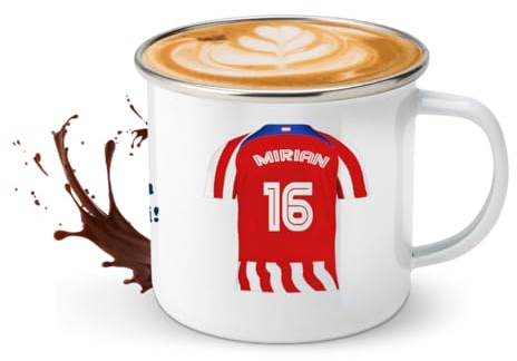 Taza Atletico personalizada con nombre, taza de camping de metal para viaje estilo retro con ilustracion de camiseta del atletico madrid todos los clubles (Atletico, metal)