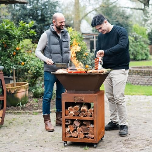 Barbecue Plancha Bilbao XXL in acciaio corten, 65 x 65 x 97 cm, anello per barbecue, braciere con piastra di fuoco, cestino per il fuoco