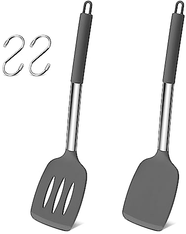 Herogo Silicone Spatula Turner, 2 Pcs Stainless Steel Cooking Spatula with S Hooks for Egg, Fish, Pancake, Meat, Non Stick Kitchen Utensils for Baking, Heat Resistant & Dishwasher Safe, Grey