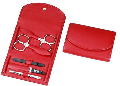 Maniküre Set - 5 teiliges Nagelpflegeset - Echtes Nappa-Lammleder Manicure Etui - Nagelschere, Hautschere, Nagelfeile, Pinzette und Doppelinstrument (Rot)