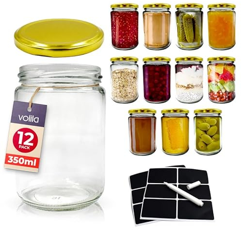 Volila Round Jam Jars with Gold Screw Top Lids - 350ml Airtight Jars for Jam, Preserves, Marmalade & Pickle - 12 Pack with Labels and Pen
