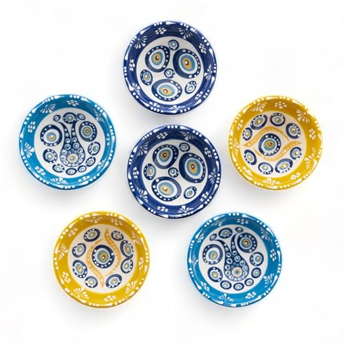 Elyese Juego de 6 Cuencos Pequeños de Cerámica, Platos de Salsa de Soja de 3.5 Onzas, Hechos a Mano, Coloridos, Aptos para Lavavajillas y Microondas, Mini