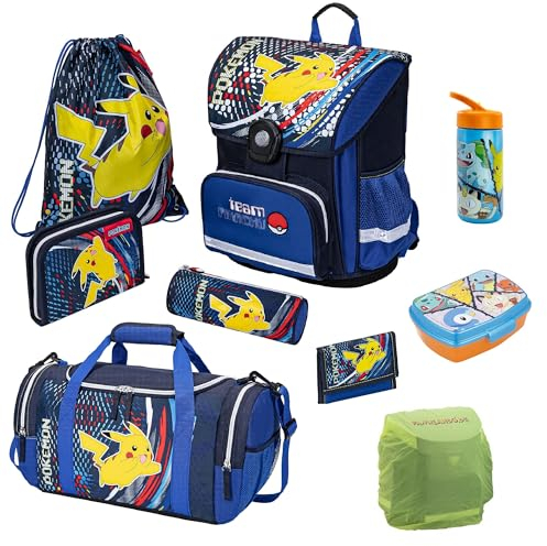 Pokémon Schulranzen Set mit Dose, Flasche und Sporttasche für die 1. Klasse - Ergonomisch, Kompakt, 990 Gr. Leicht, 18 L Volumen, wasserdichter Boden - Schultasche mit Pikachu Motiv · Einschulungs-Set