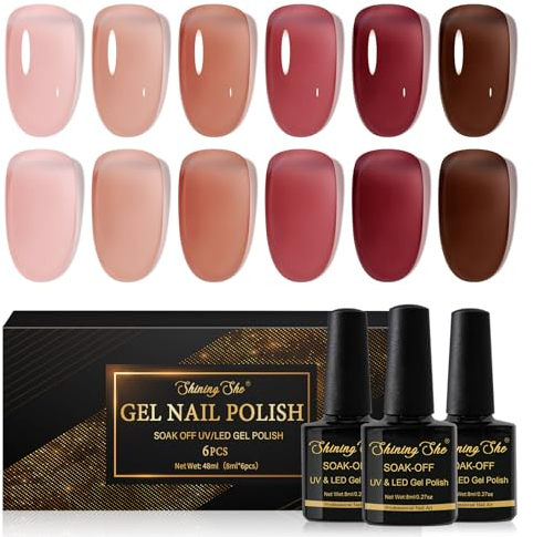 Shining She UV Nagellack Jelly Rot,6 Farben Natürlich Transparent Kristall Gel Nagellack Nude Rosa Dordeaux Rot Rotbraun Gellack Soak-Off UV nagellack French Manicure DIY zu Hause,8ML