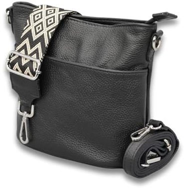 ADEL Damen Umhängetasche Echtes Leder LINA Handgemachte Crossbody Bag 4 Fächer Schultertasche mit Ledergurt + Breitem Gemustertem Riemen wasserdichte Stylische Made in Italy (Schwarz)