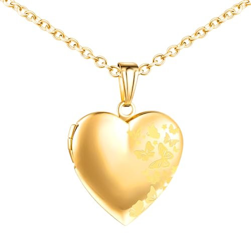MICMIF Edelstahl Herzkette Bilder Medaillon mit Schmetterlinge Muster Personalisierte Halskette Foto Anhänger in Herzform Medaillon Personalisiert Foto Kette für Mama Freundin & Frauen