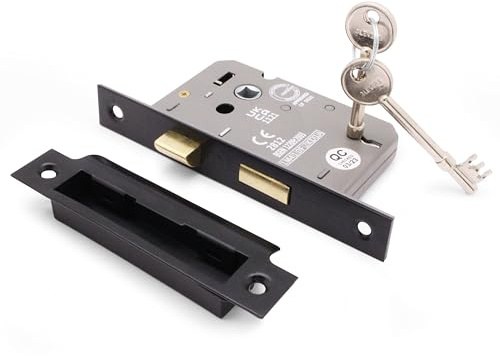 EAI Matt Black 3 Lever Sashlock, 61 Case x44mm Backset | Suitable for Left and Right Closing Doors, Adjustable Keep Reduces Rattle, Dust Box and Fixings Included