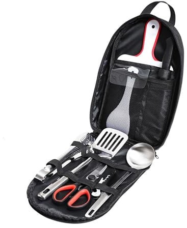 BRAVECOW Portable Cookware Utensils 9Pcs Outdoor Camping Cookware Set Barbecue Stainless Steel Picnic Tableware Simple Kitchen with Organizer Bag Travel Camping Cooking Accessories